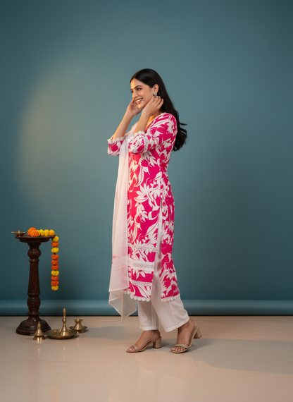 Abstract Floral Printed Straight Fit Kurta with Pant and Dupatta - Pink