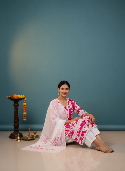 Abstract Floral Printed Straight Fit Kurta with Pant and Dupatta - Pink