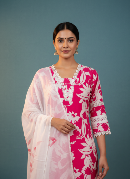 Abstract Floral Printed Straight Fit Kurta with Pant and Dupatta - Pink