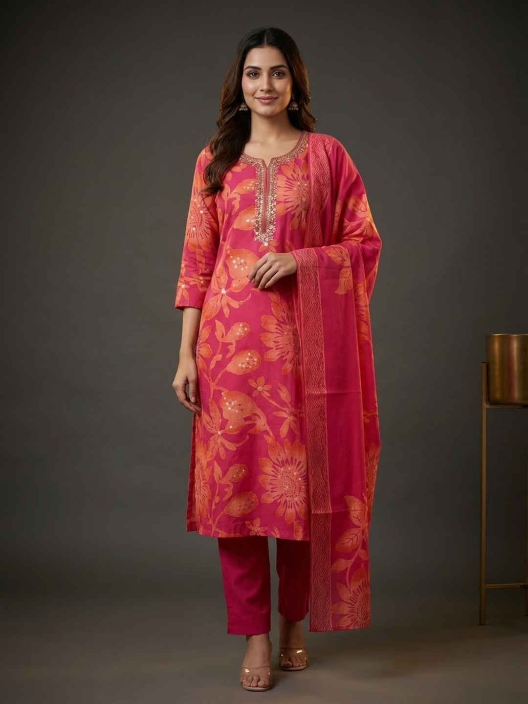 Ethnic Printed Straight Embroidered Kurta with Pant & Dupatta - Pink