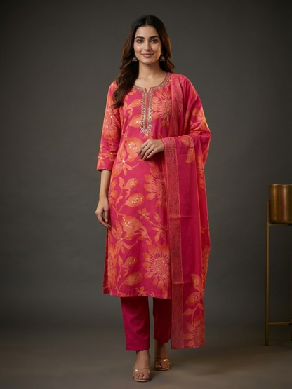 Ethnic Printed Straight Embroidered Kurta with Pant & Dupatta - Pink