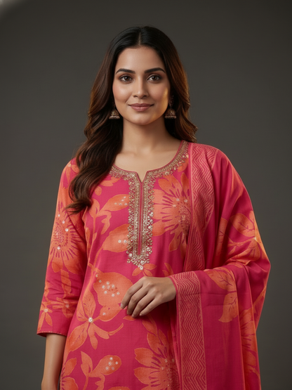 Ethnic Printed Straight Embroidered Kurta with Pant & Dupatta - Pink