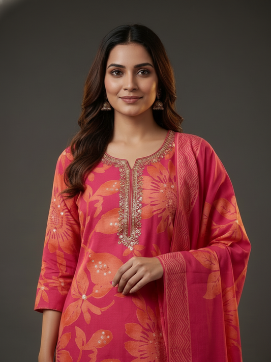 Ethnic Printed Straight Embroidered Kurta with Pant & Dupatta - Pink