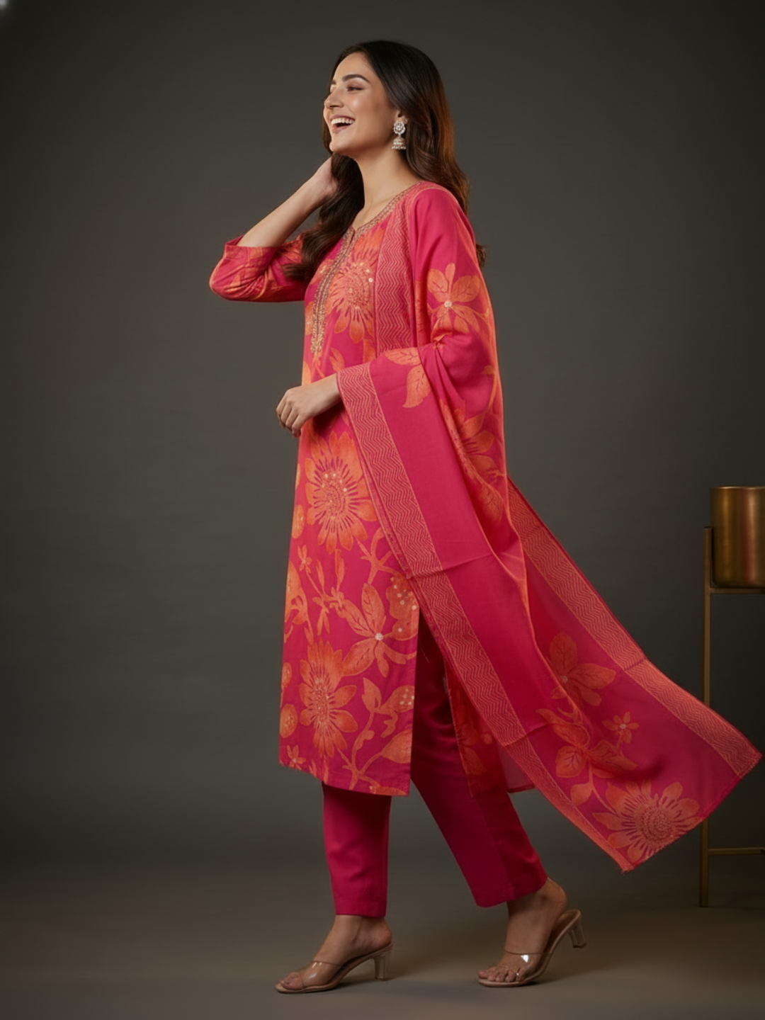 Ethnic Printed Straight Embroidered Kurta with Pant & Dupatta - Pink