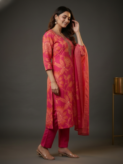 Ethnic Printed Straight Embroidered Kurta with Pant & Dupatta - Pink