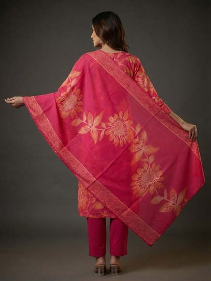 Ethnic Printed Straight Embroidered Kurta with Pant & Dupatta - Pink