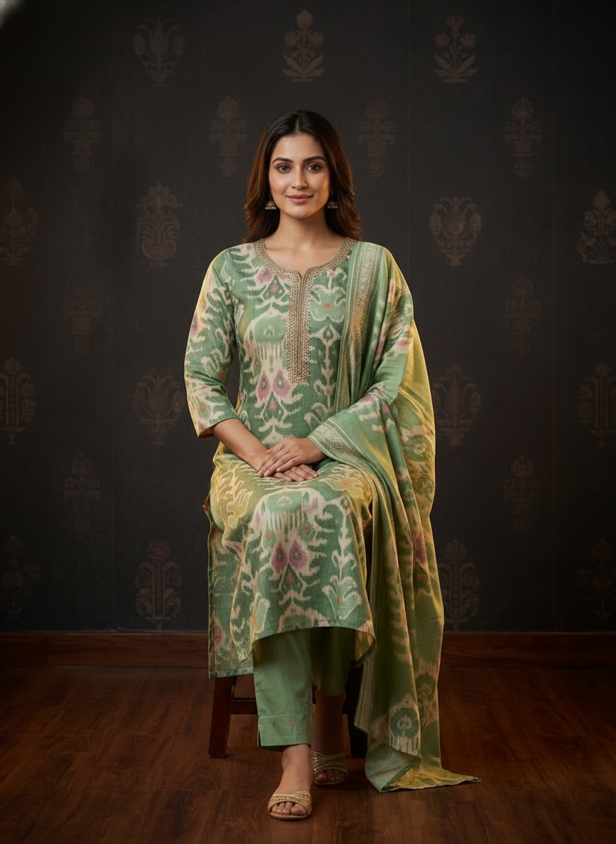 Ethnic Ikat Printed Straight Embroidered Kurta with Pant & Dupatta - Green