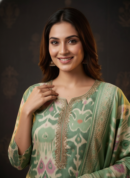 Ethnic Ikat Printed Straight Embroidered Kurta with Pant & Dupatta - Green