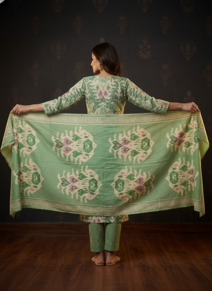 Ethnic Ikat Printed Straight Embroidered Kurta with Pant & Dupatta - Green