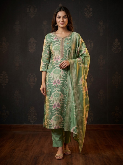 Ethnic Ikat Printed Straight Embroidered Kurta with Pant & Dupatta - Green