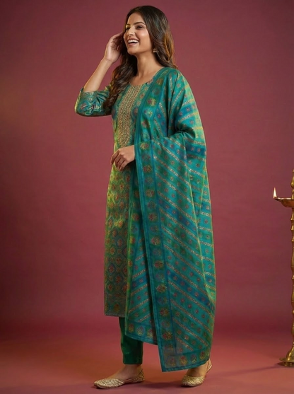 Solid Kalamkari Printed Straight Kurta with Pant & Dupatta - Blue