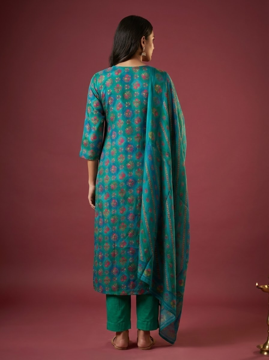 Solid Kalamkari Printed Straight Kurta with Pant & Dupatta - Blue