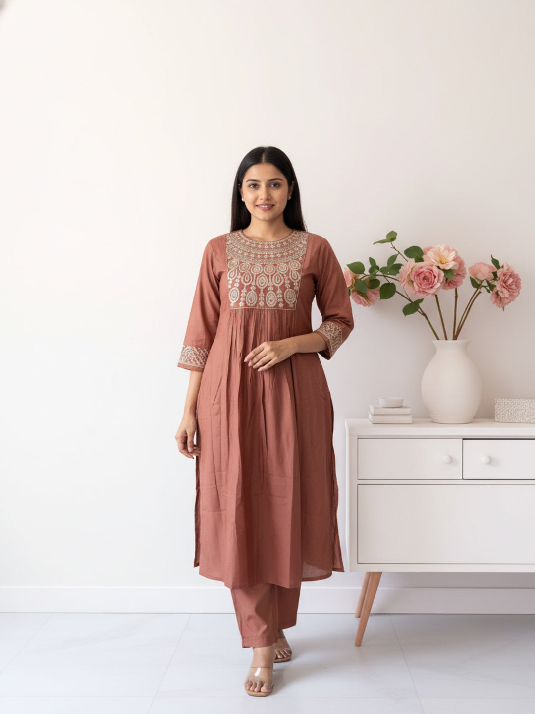 Solid Antique Silver Zari Embroidered A-Line Kurta with Palazzo - Mauve