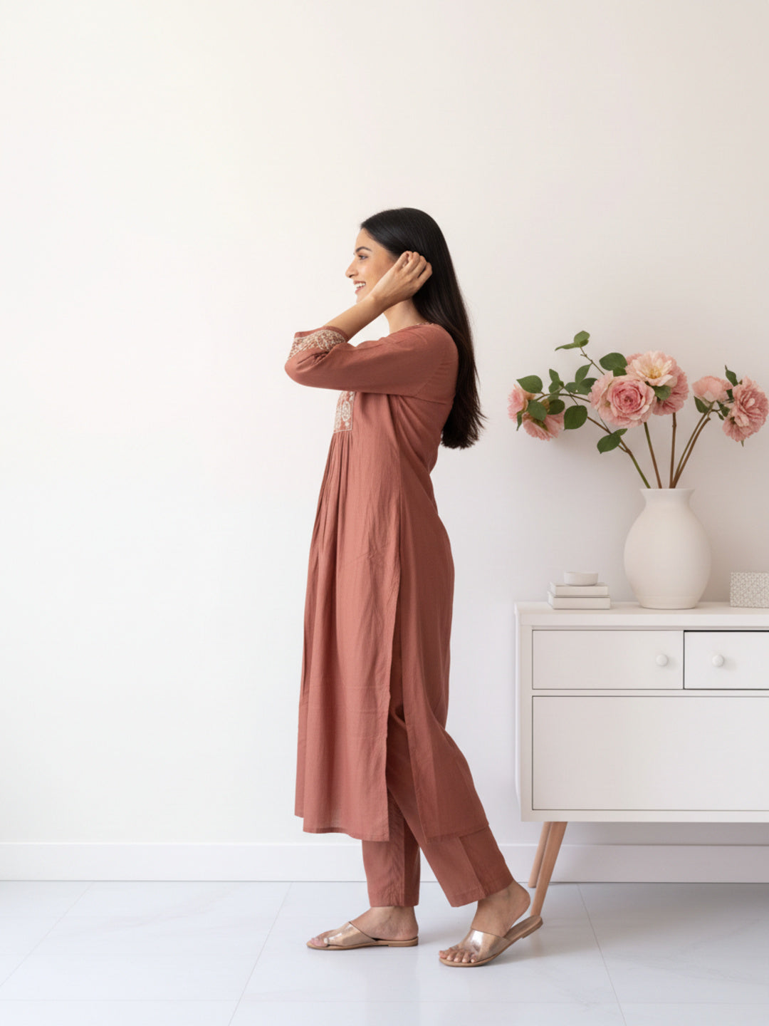 Solid Antique Silver Zari Embroidered A-Line Kurta with Palazzo - Mauve