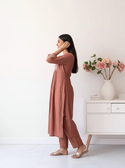 Solid Antique Silver Zari Embroidered A-Line Kurta with Palazzo - Mauve