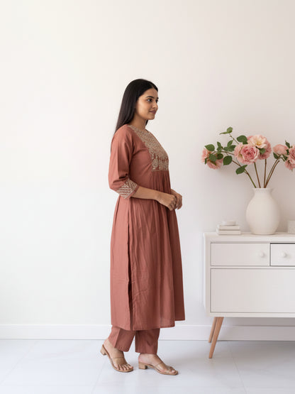 Solid Antique Silver Zari Embroidered A-Line Kurta with Palazzo - Mauve