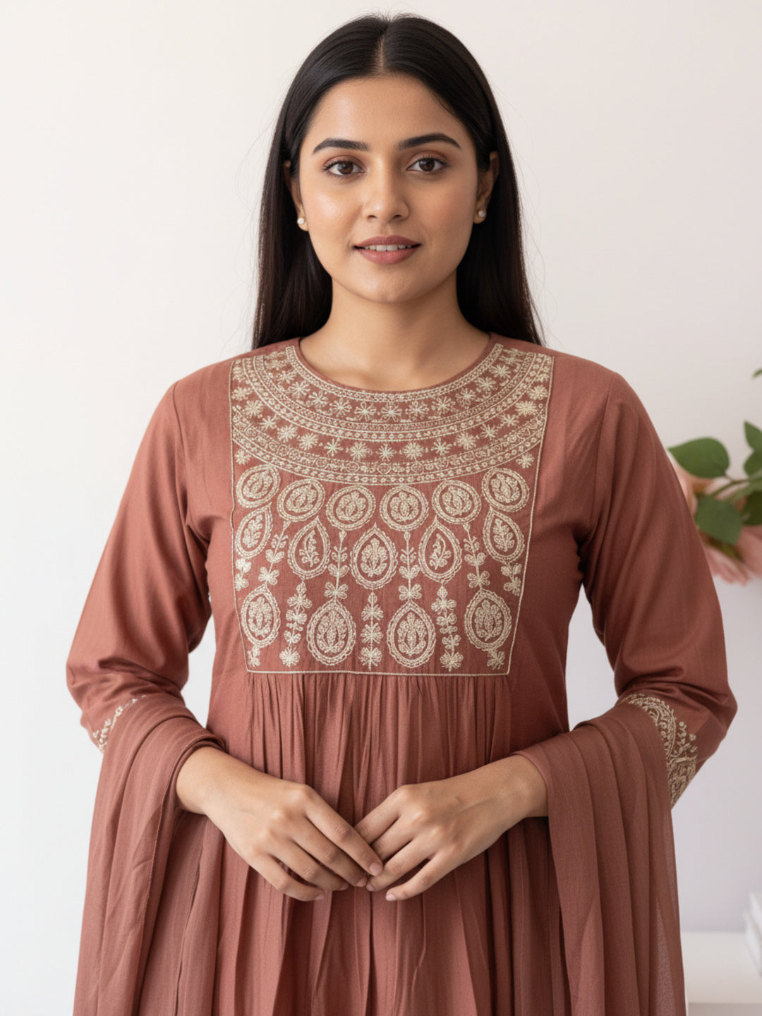 Solid Antique Silver Zari Embroidered A-Line Kurta with Palazzo - Mauve
