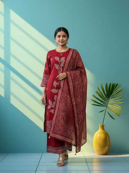 Ethnic Viscose Rayon Bandhani Suit Set with Mirror Embroidery & Kantha Work - Maroon