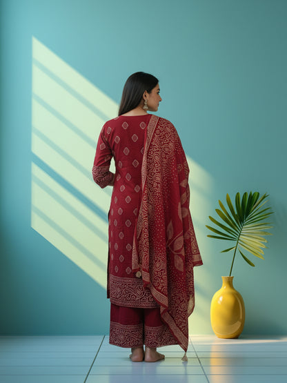 Ethnic Viscose Rayon Bandhani Suit Set with Mirror Embroidery & Kantha Work - Maroon