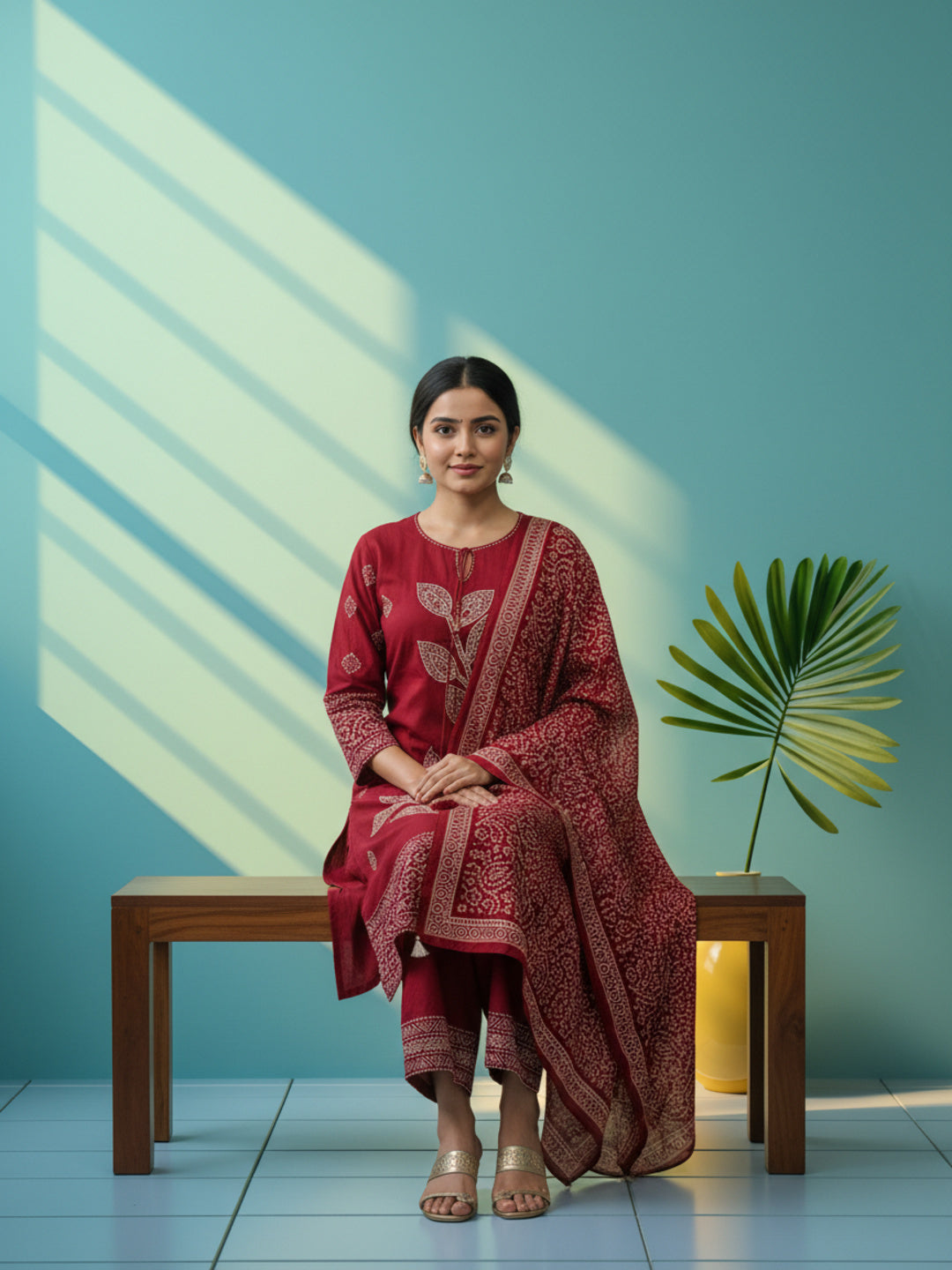 Ethnic Viscose Rayon Bandhani Suit Set with Mirror Embroidery & Kantha Work - Maroon