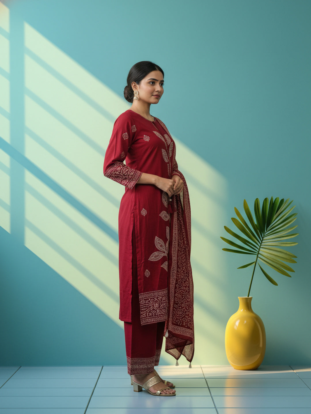 Ethnic Viscose Rayon Bandhani Suit Set with Mirror Embroidery & Kantha Work - Maroon