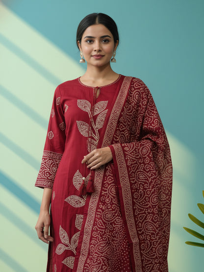 Ethnic Viscose Rayon Bandhani Suit Set with Mirror Embroidery & Kantha Work - Maroon
