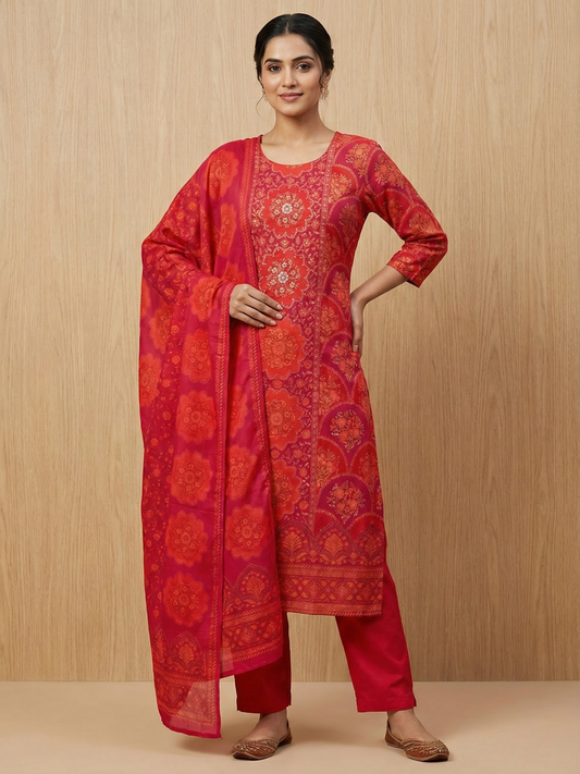 Floral Printed Embroidered Jacquard Kurta with Pant & Dupatta - Red