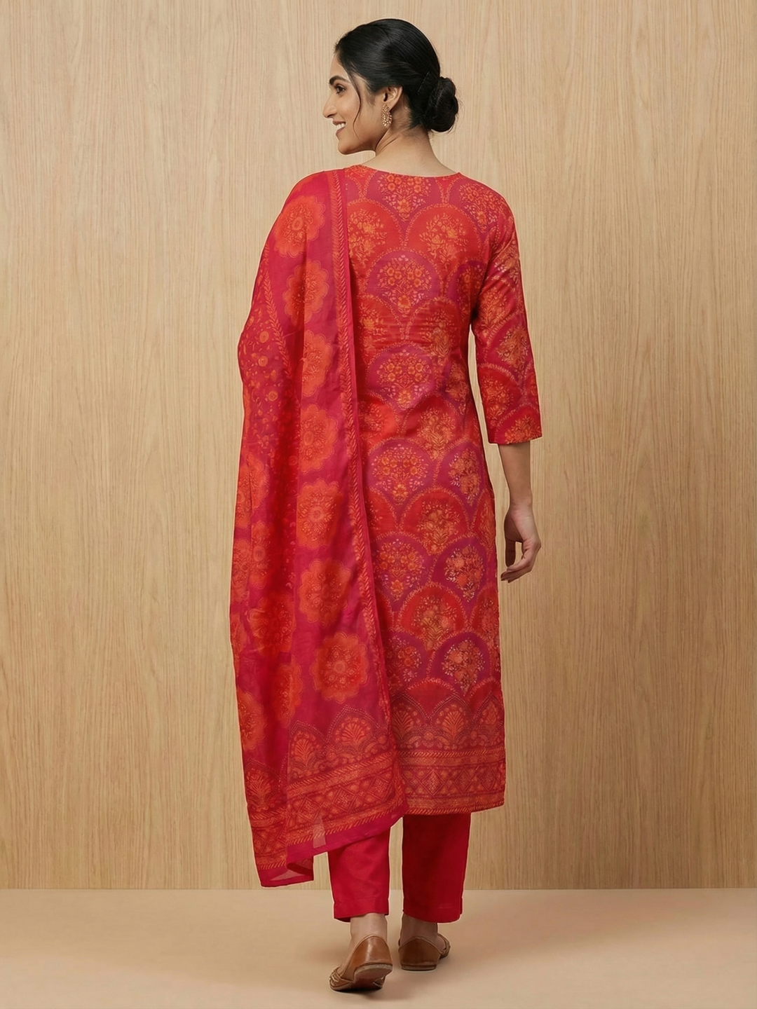 Floral Printed Embroidered Jacquard Kurta with Pant & Dupatta - Red