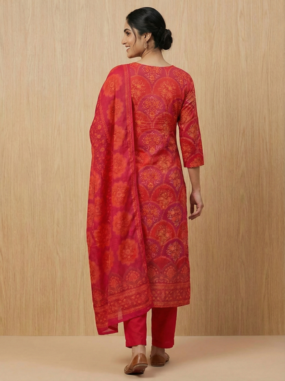 Floral Printed Embroidered Jacquard Kurta with Pant & Dupatta - Red
