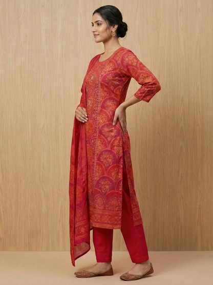 Floral Printed Embroidered Jacquard Kurta with Pant & Dupatta - Red