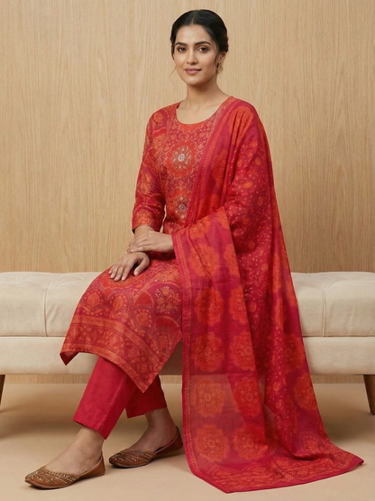 Floral Printed Embroidered Jacquard Kurta with Pant & Dupatta - Red