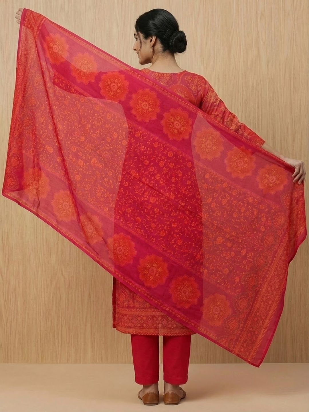 Floral Printed Embroidered Jacquard Kurta with Pant & Dupatta - Red