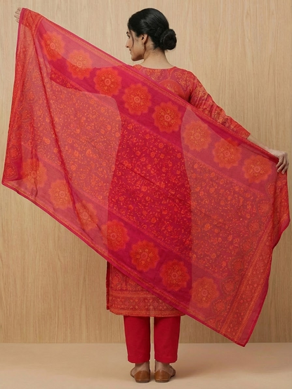 Floral Printed Embroidered Jacquard Kurta with Pant & Dupatta - Red