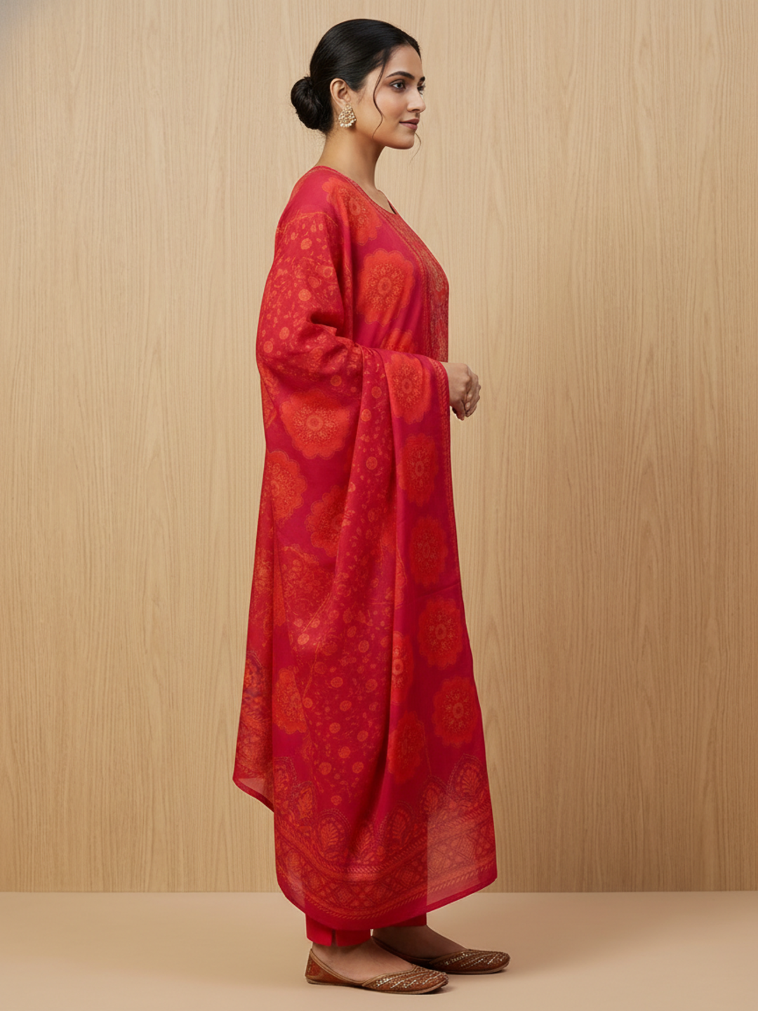 Floral Printed Embroidered Jacquard Kurta with Pant & Dupatta - Red
