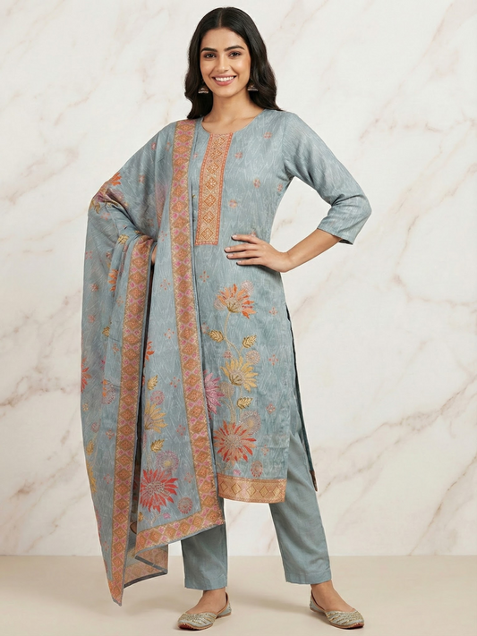 Ethnic Printed Embroidered Straight Kurta with Pant and Dupatta- Powder Blue