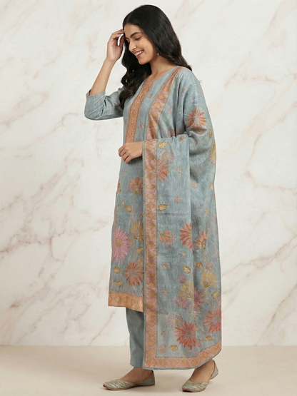 Ethnic Printed Embroidered Straight Kurta with Pant and Dupatta- Powder Blue