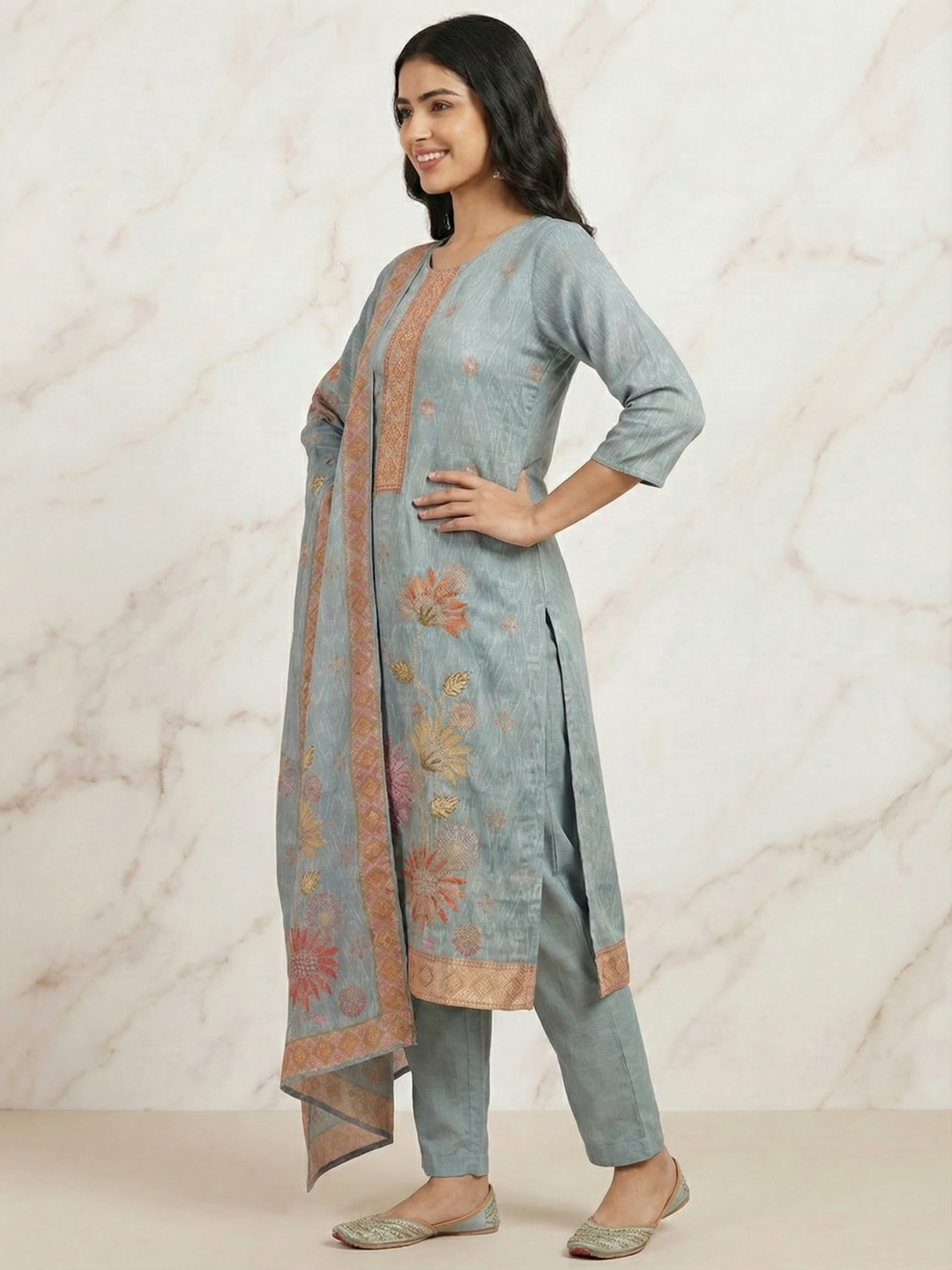 Ethnic Printed Embroidered Straight Kurta with Pant and Dupatta- Powder Blue