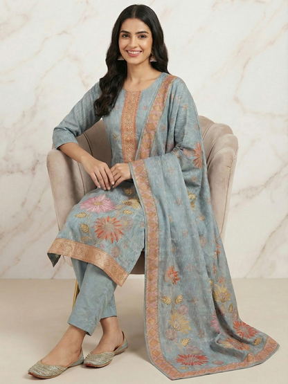 Ethnic Printed Embroidered Straight Kurta with Pant and Dupatta- Powder Blue