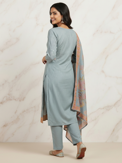 Ethnic Printed Embroidered Straight Kurta with Pant and Dupatta- Powder Blue