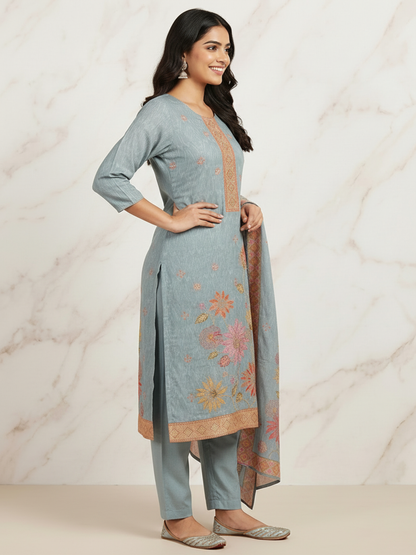 Ethnic Printed Embroidered Straight Kurta with Pant and Dupatta- Powder Blue