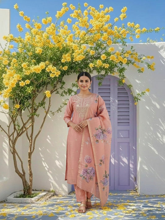 Solid Zari Embroidered Straight Kurta with Pant & Dupatta - Pink