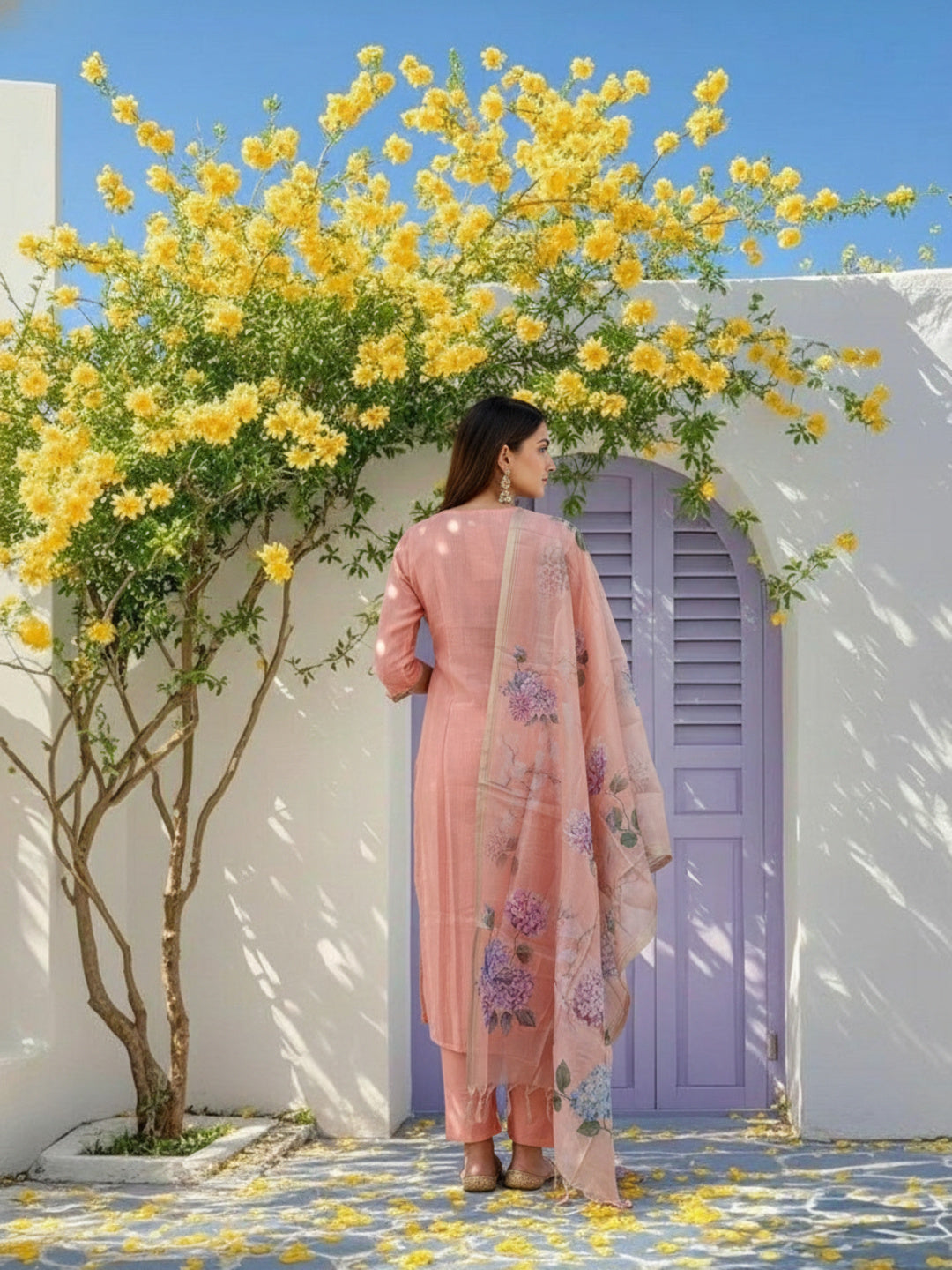 Solid Zari Embroidered Straight Kurta with Pant & Dupatta - Pink