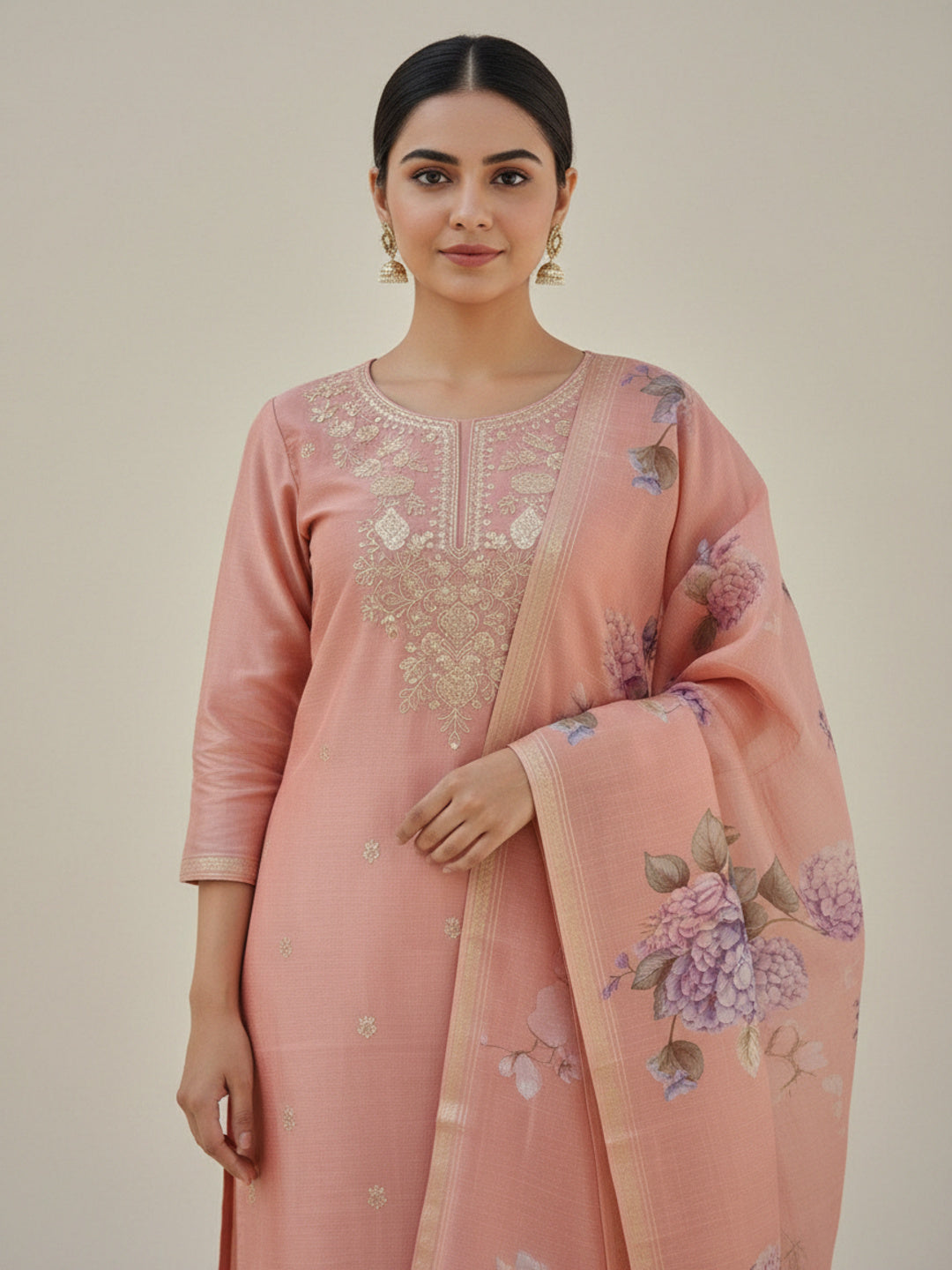 Solid Zari Embroidered Straight Kurta with Pant & Dupatta - Pink