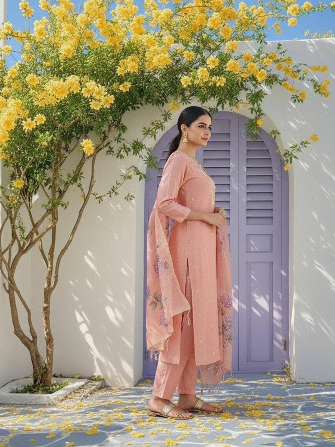 Solid Zari Embroidered Straight Kurta with Pant & Dupatta - Pink