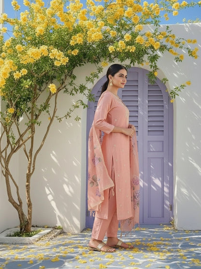 Solid Zari Embroidered Straight Kurta with Pant & Dupatta - Pink