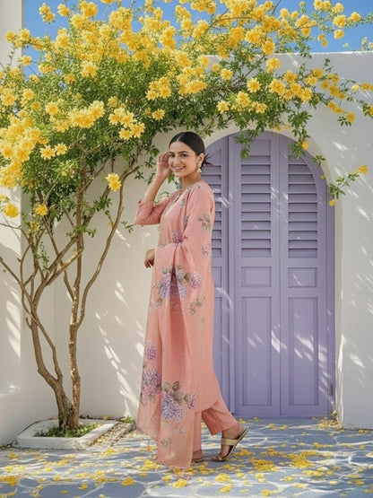 Solid Zari Embroidered Straight Kurta with Pant & Dupatta - Pink