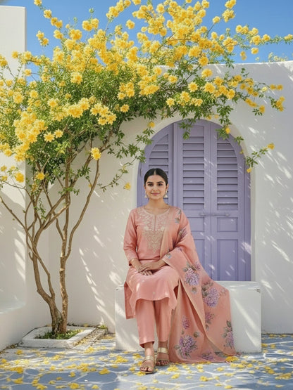 Solid Zari Embroidered Straight Kurta with Pant & Dupatta - Pink