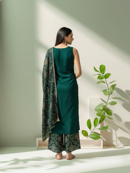 Solid Mirror Work Embroidered Straight Kurta with Palazzo & Dupatta - Green