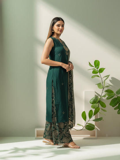 Solid Mirror Work Embroidered Straight Kurta with Palazzo & Dupatta - Green