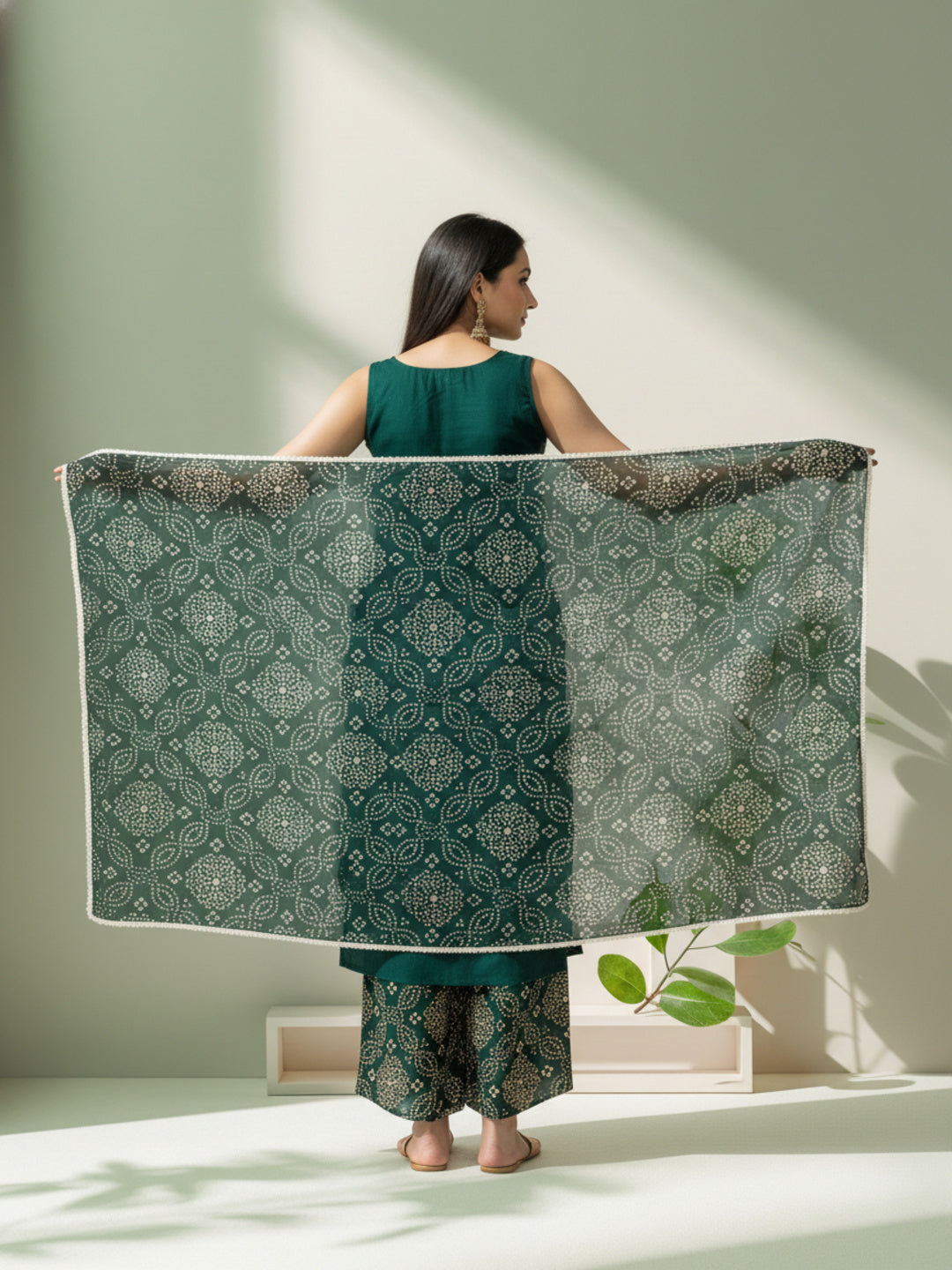 Solid Mirror Work Embroidered Straight Kurta with Palazzo & Dupatta - Green